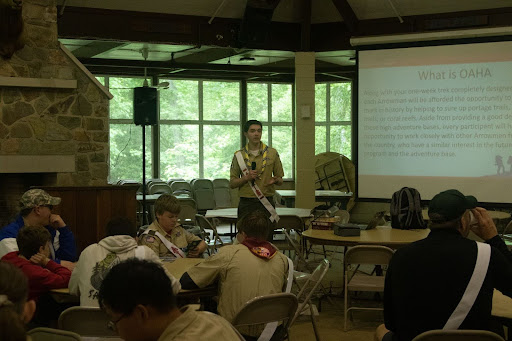 National Chief Zach Grinvalsky giving a presentation to Arrowmen at the Section E10 Conclave.