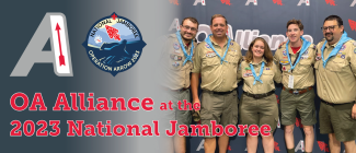 OA Alliance at the 2023 National Jamboree with the OA Alliance and Jamboree logos and Arrowmen in the background